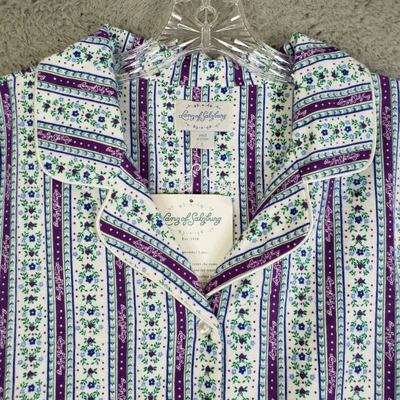 Lanz Of Salzburg Pajama Set Womens Large White Floral Flannel Button Up New - Picture 9 of 14